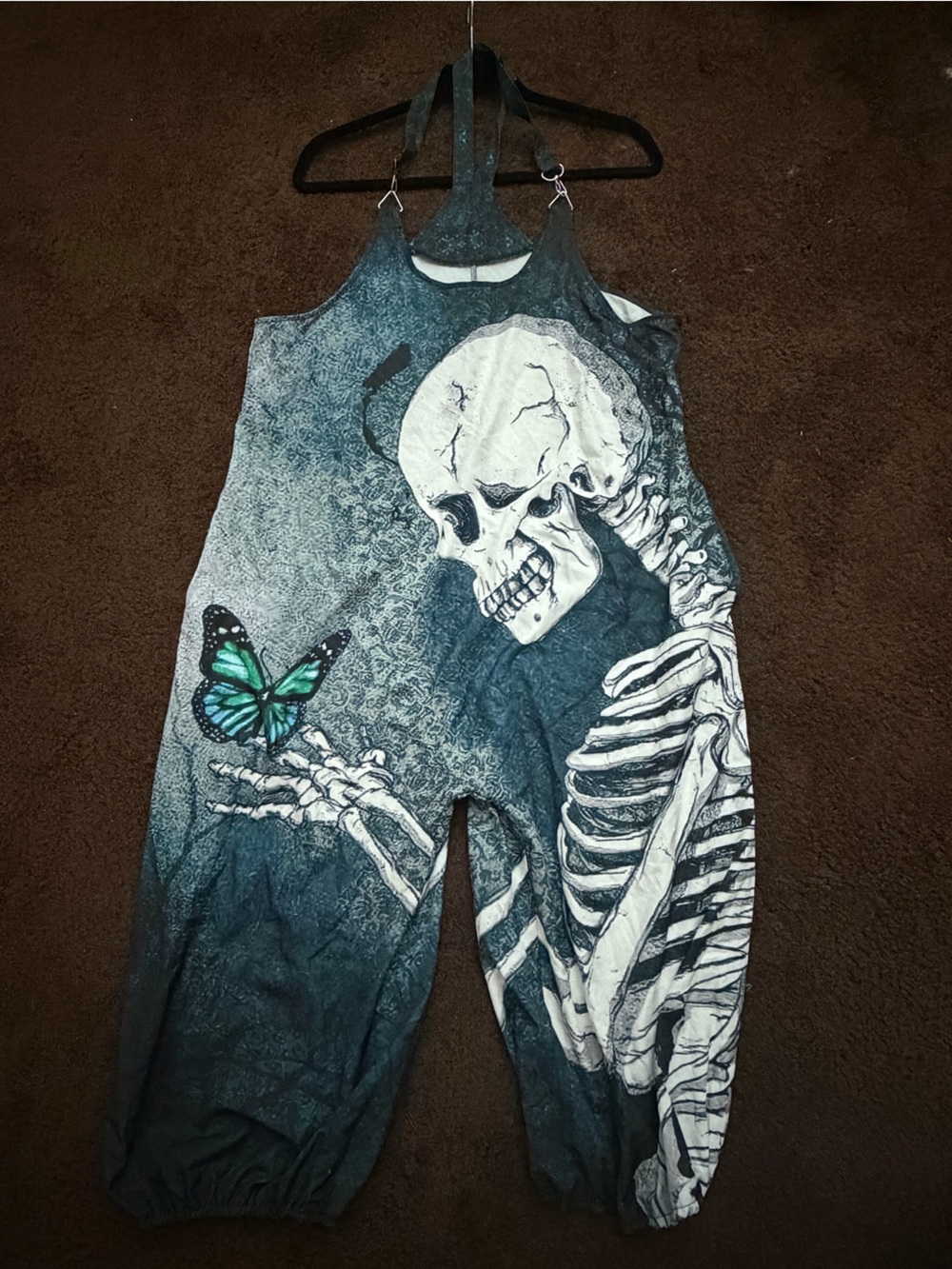 Women’s Skeleton Print Denim Overalls with Teal Butterfly Accent
